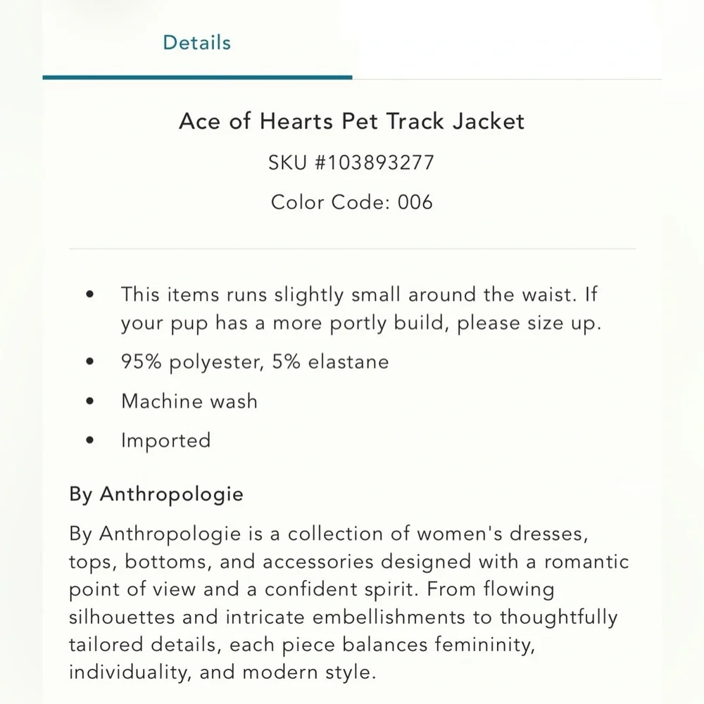Anthropologie/FURB Ace of Hearts Pet Track Jacket in XS & small/2 available-NWT